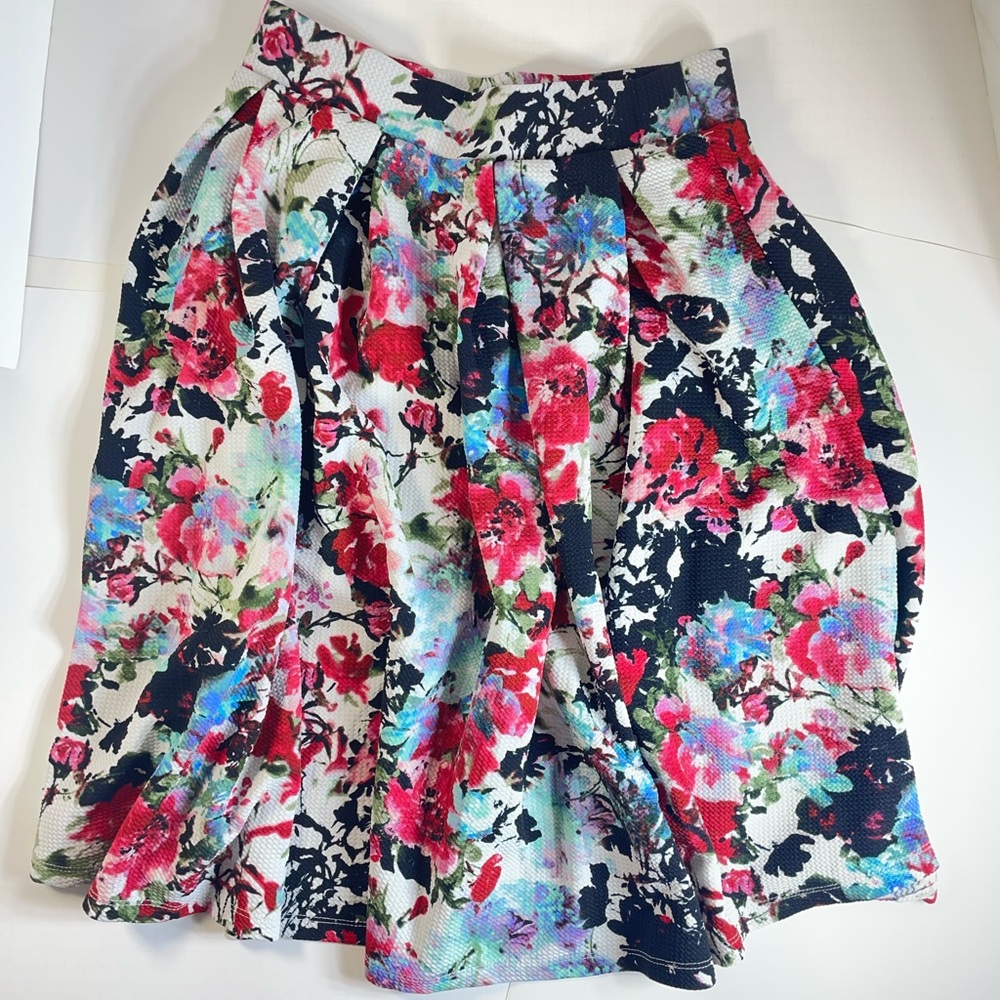 HAUTE MONDE FLORAL SKIRT PLEATS FULL MIDI LENGTH WOMENS SIZE L PINK, BLACK, BLUR